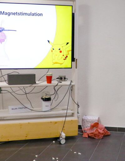 Eine Frau trägt einen gelben pullover und steht neben einem Bildschirm, auf dem eine Präsentation zu sehen ist. Sie trägt ihren Beitrag zum Science Slam vor.